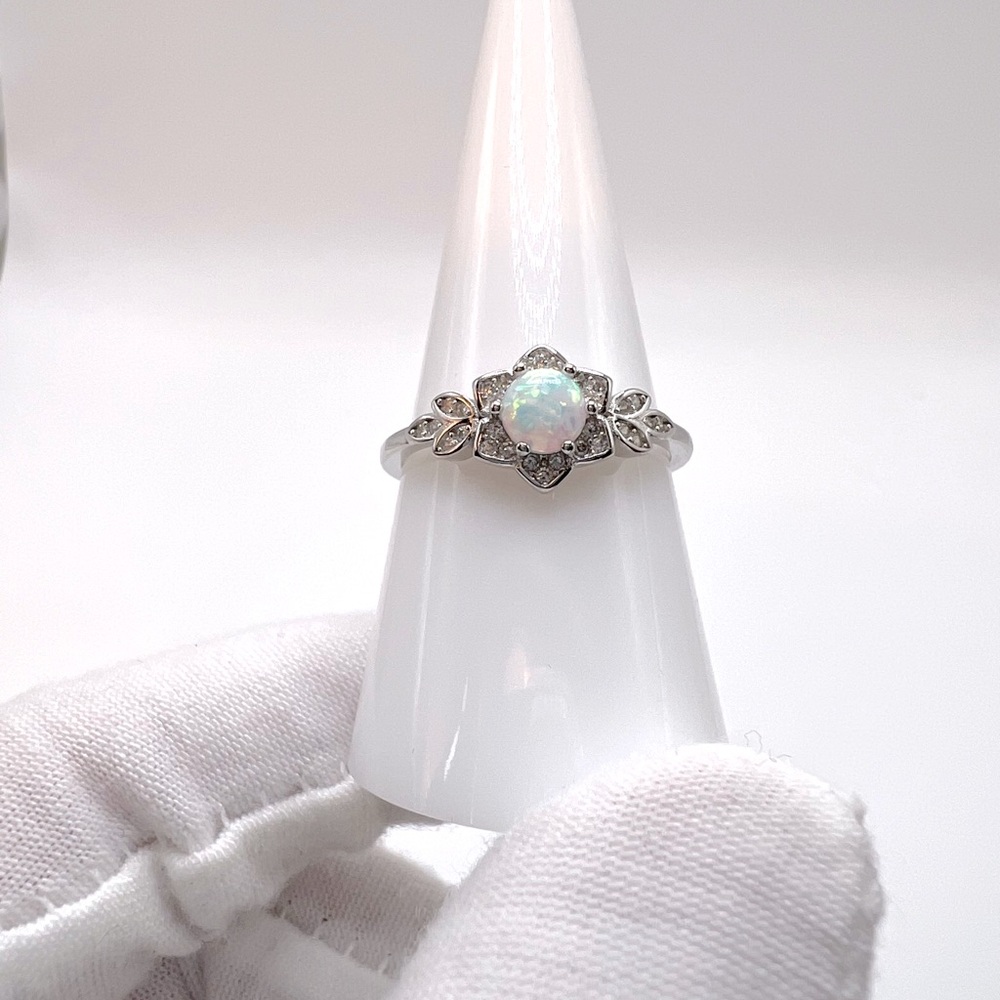 .925 Sterling Silver Lab Created White Opal Floral Ring - Picture 3 of 16